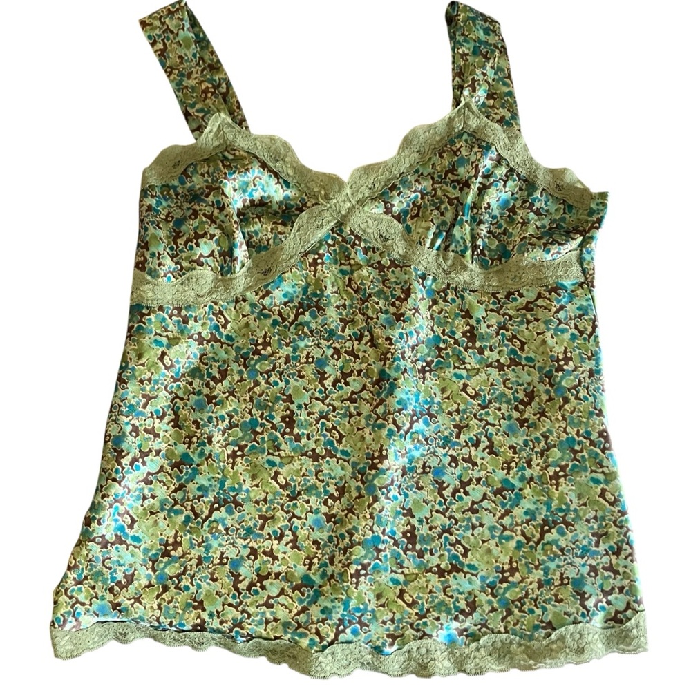 Vintage Y2K Green Satin Floral Lace Cami Top Large‎